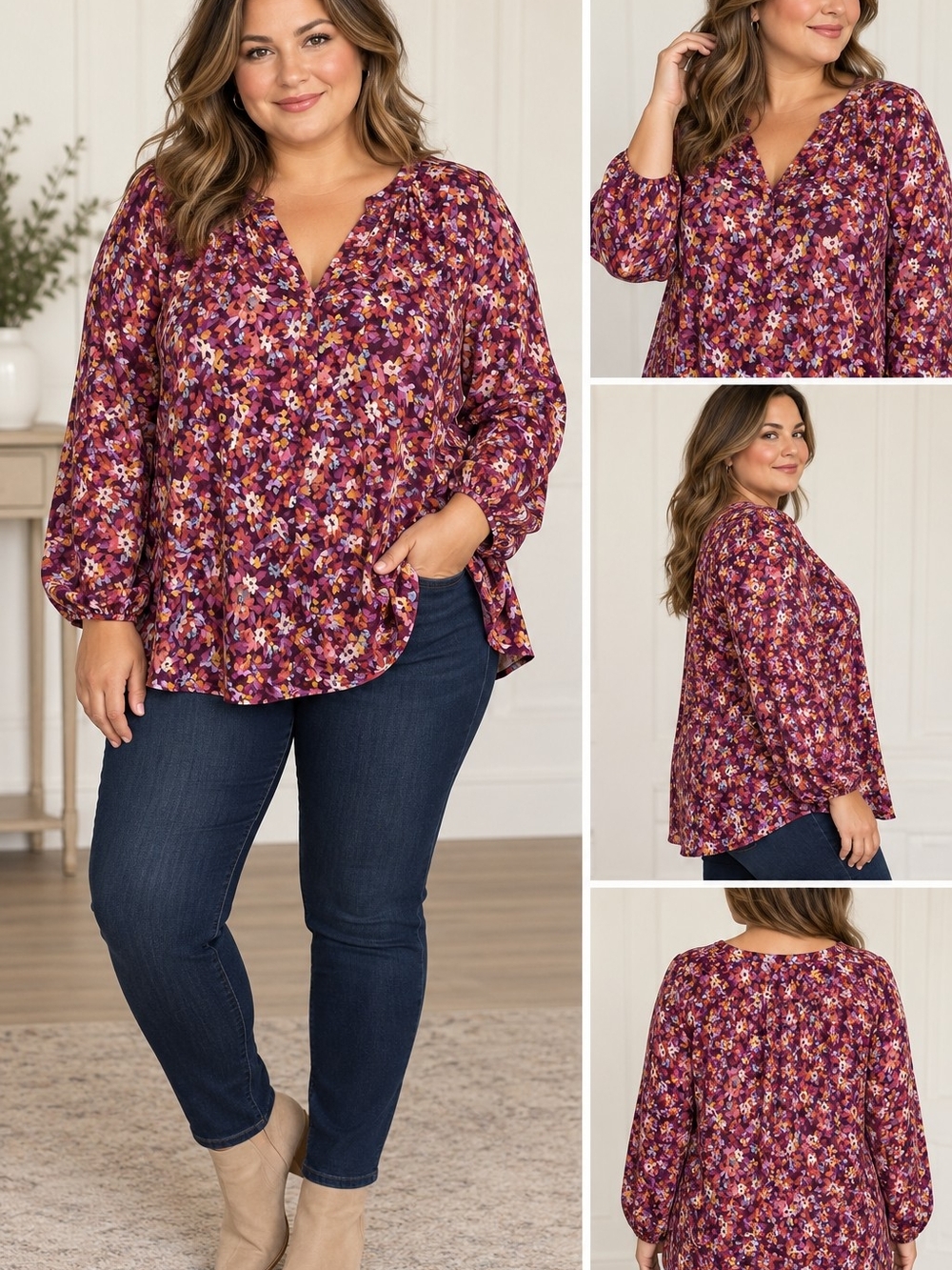 NWT EMILY WONDER 2XL Floral V-Neck Long Sleeve Top in Plum